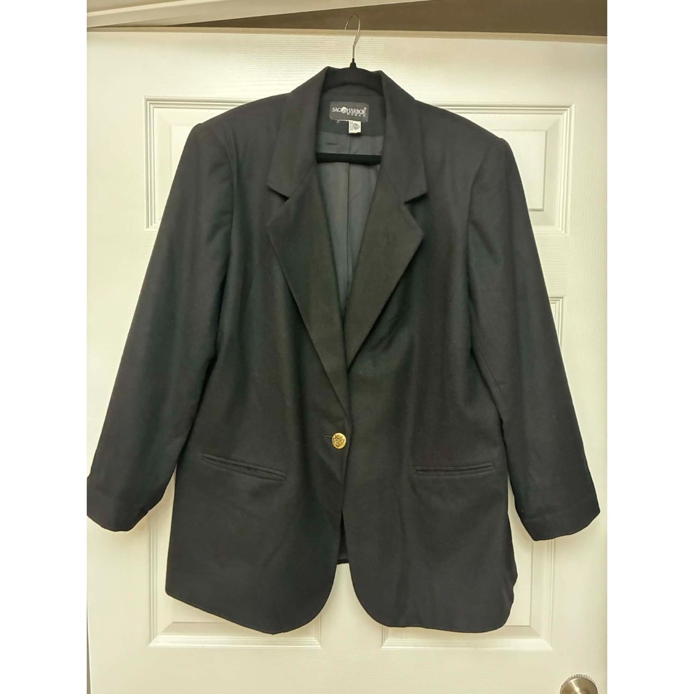 Sag Harbor Woman Womens 16 Black‎ 100% Wool Blazer Jacket Gold Button Career